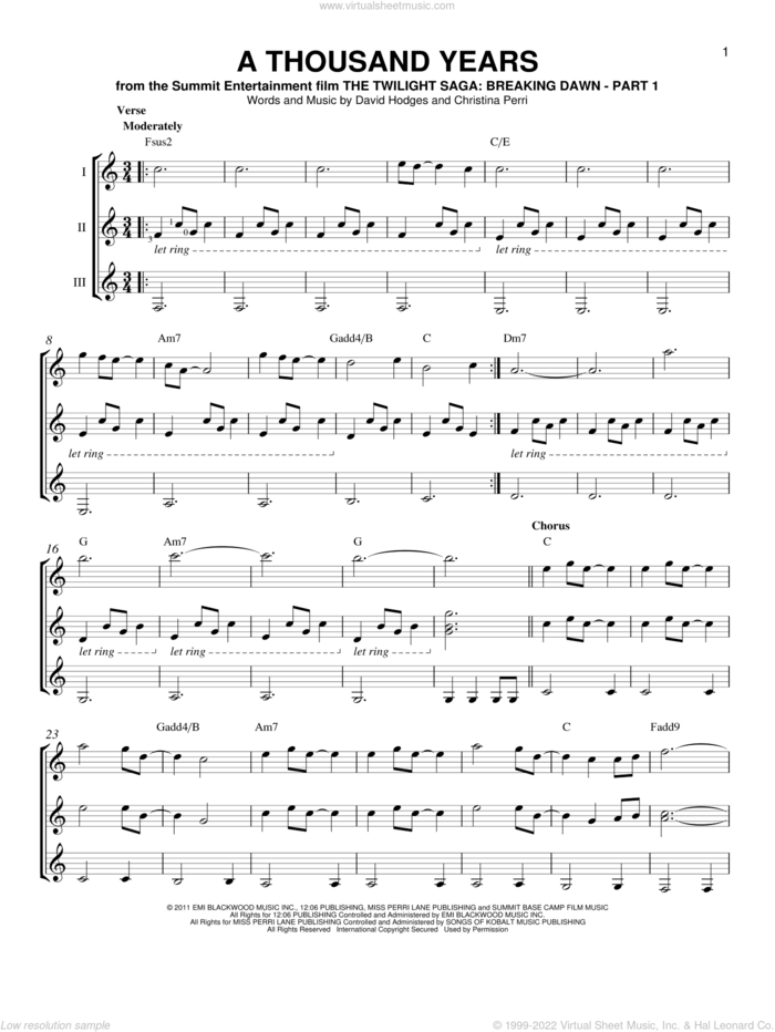 A Thousand Years sheet music for guitar ensemble by Christina Perri and David Hodges, wedding score, intermediate skill level