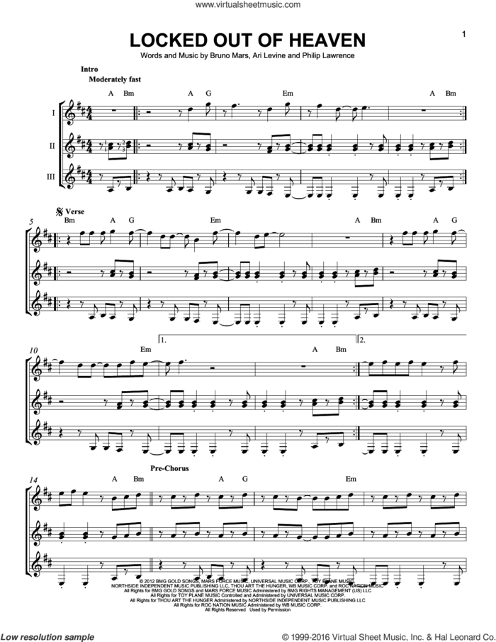 Locked Out Of Heaven sheet music for guitar ensemble by Bruno Mars, Ari Levine and Philip Lawrence, intermediate skill level
