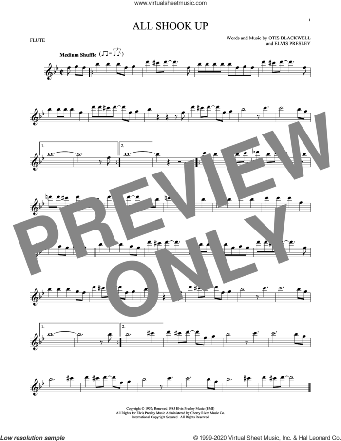 All Shook Up sheet music for flute solo by Elvis Presley, Suzi Quatro and Otis Blackwell, intermediate skill level
