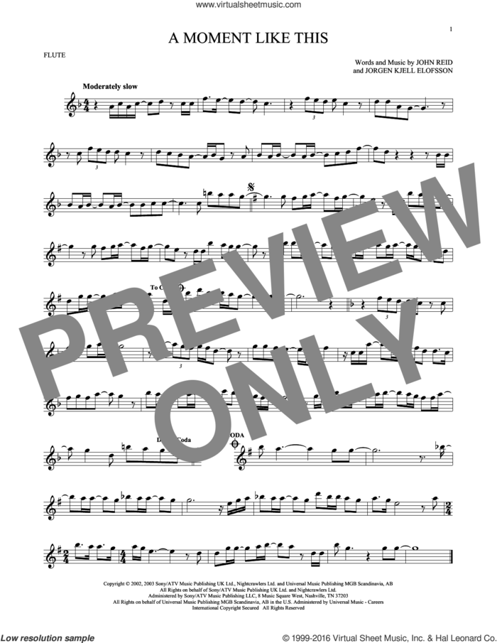 A Moment Like This sheet music for flute solo by Kelly Clarkson, John Reid and Jorgen Elofsson, intermediate skill level