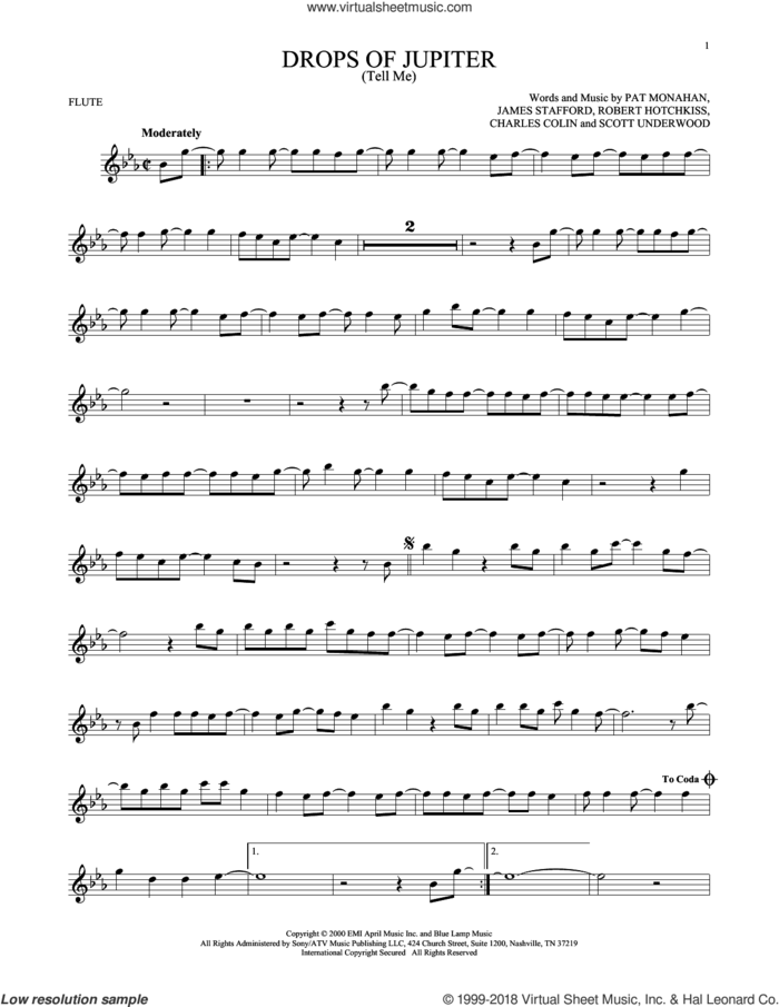 Drops Of Jupiter (Tell Me) sheet music for flute solo by Train, Charles Colin, James Stafford, Pat Monahan, Robert Hotchkiss and Scott Underwood, intermediate skill level