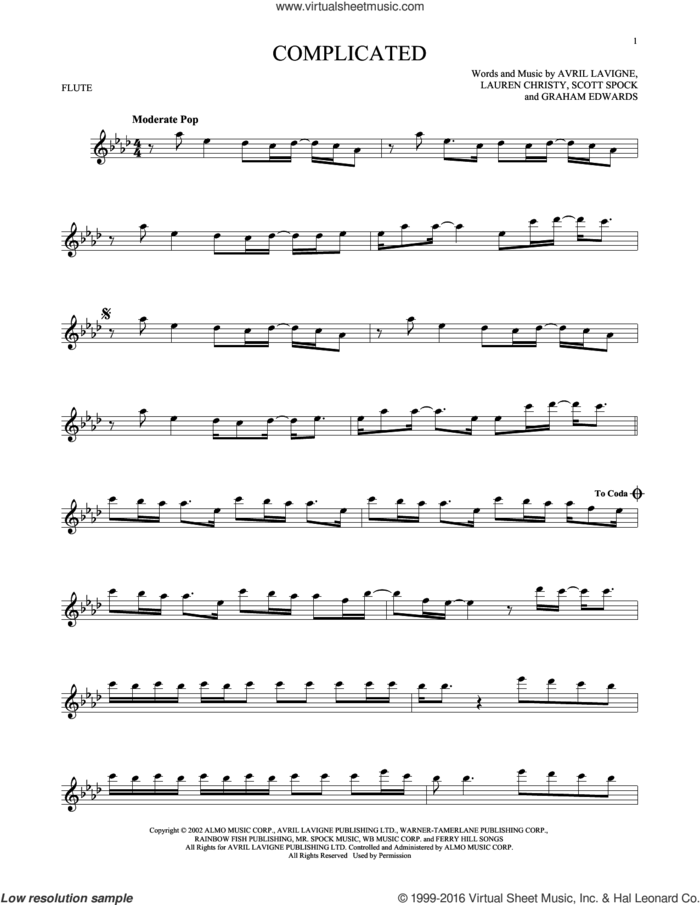 Complicated sheet music for flute solo by Avril Lavigne, Graham Edwards, Lauren Christy and Scott Spock, intermediate skill level