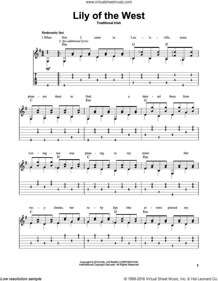 Lily Of The West sheet music for guitar solo by Traditional Irish, intermediate skill level