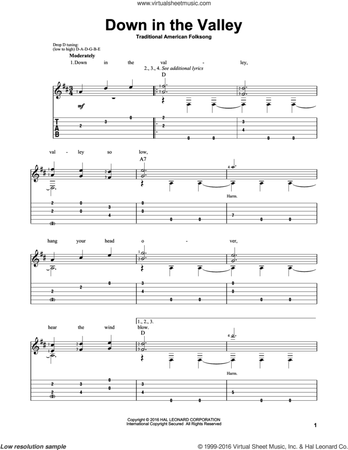 Down In The Valley sheet music for guitar solo, intermediate skill level