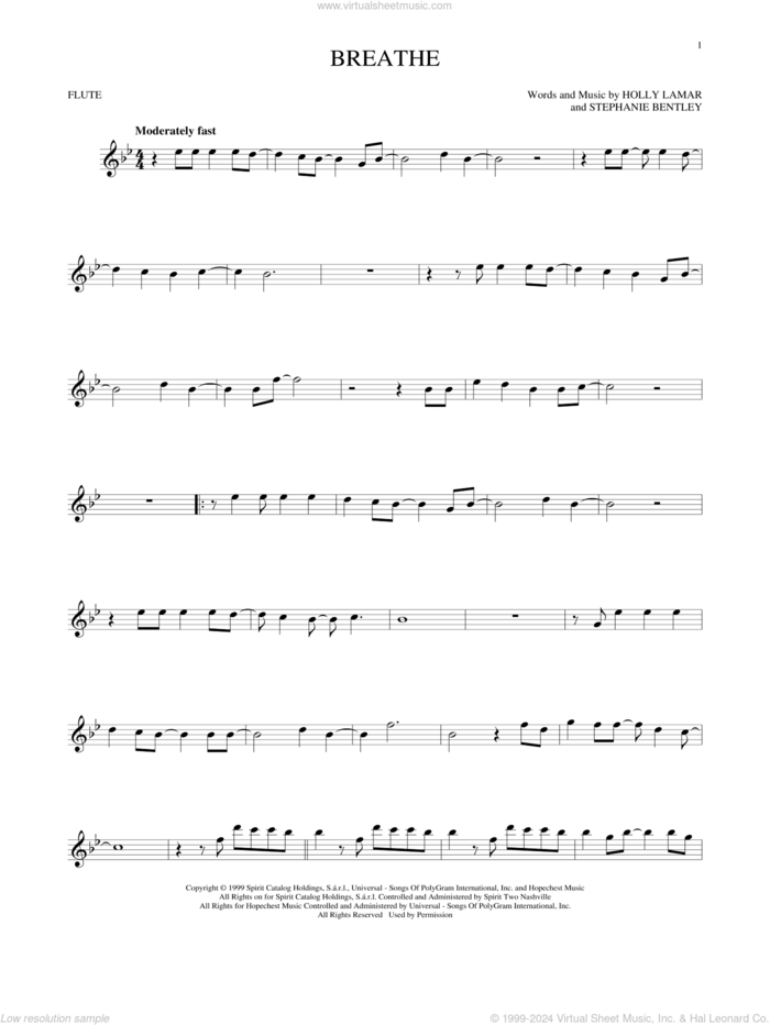 Breathe sheet music for flute solo by Faith Hill, Holly Lamar and Stephanie Bentley, intermediate skill level