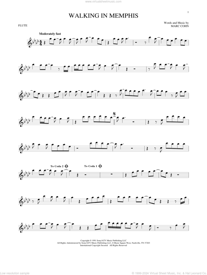 Walking In Memphis sheet music for flute solo by Marc Cohn and Lonestar, intermediate skill level