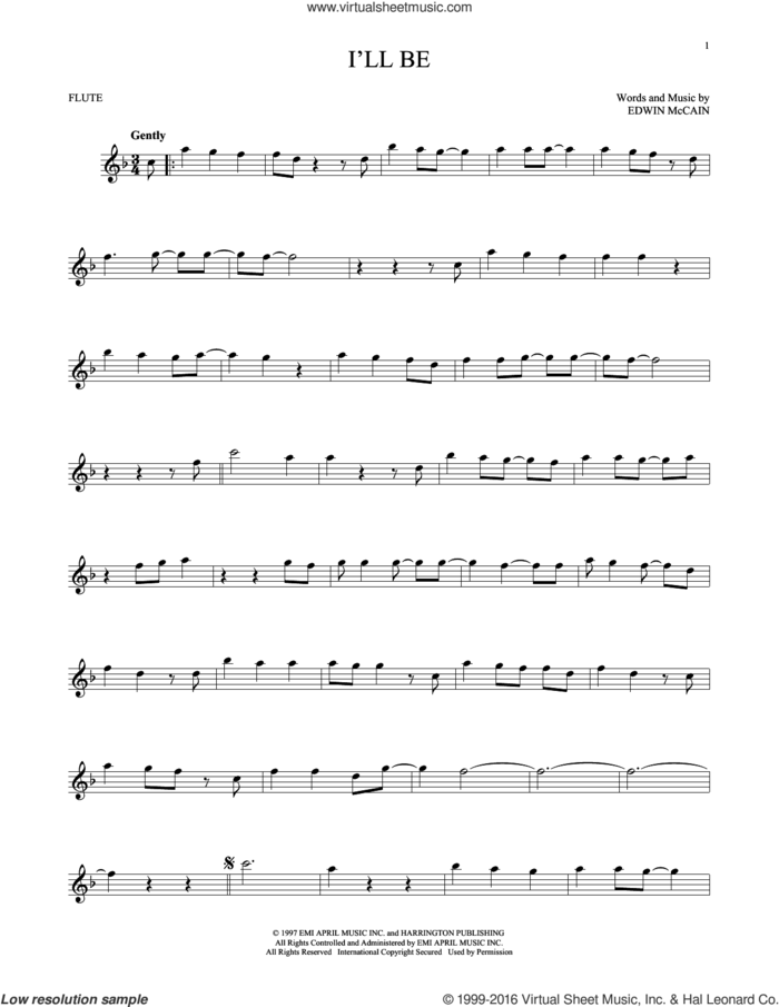 I'll Be sheet music for flute solo by Edwin McCain, intermediate skill level