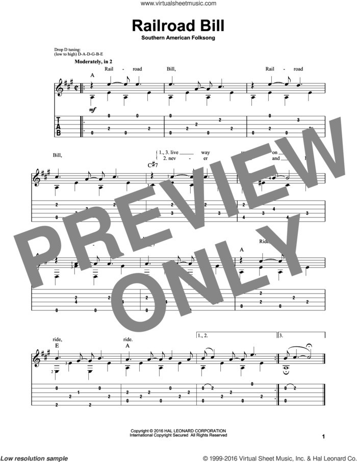 Railroad Bill sheet music for guitar solo, intermediate skill level