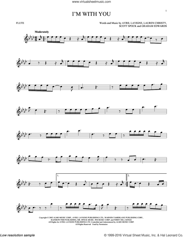 I'm With You sheet music for flute solo by Avril Lavigne, Graham Edwards, Lauren Christy and Scott Spock, intermediate skill level
