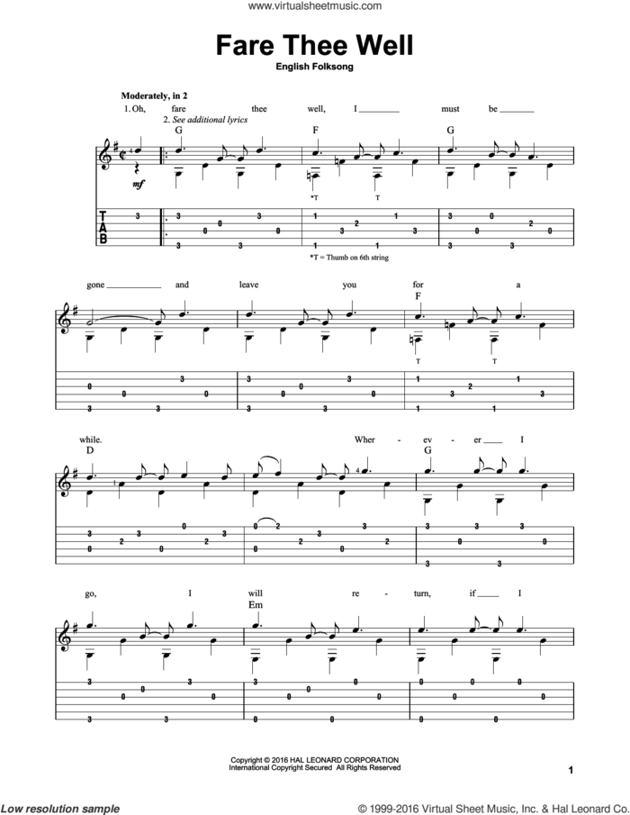 Fare Thee Well sheet music for guitar solo, intermediate skill level