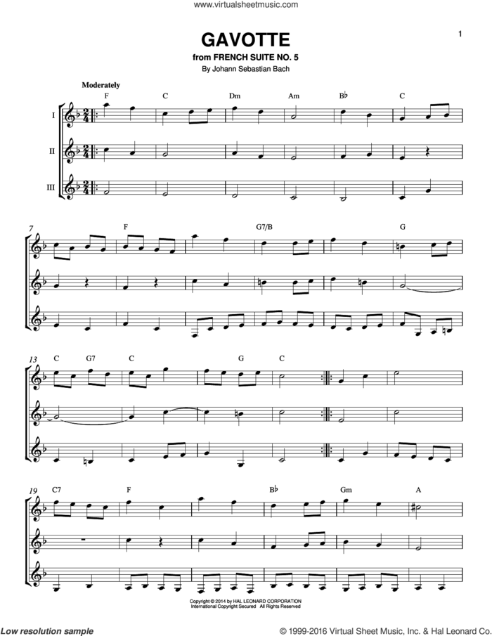 Gavotte sheet music for guitar ensemble by Johann Sebastian Bach, classical score, intermediate skill level