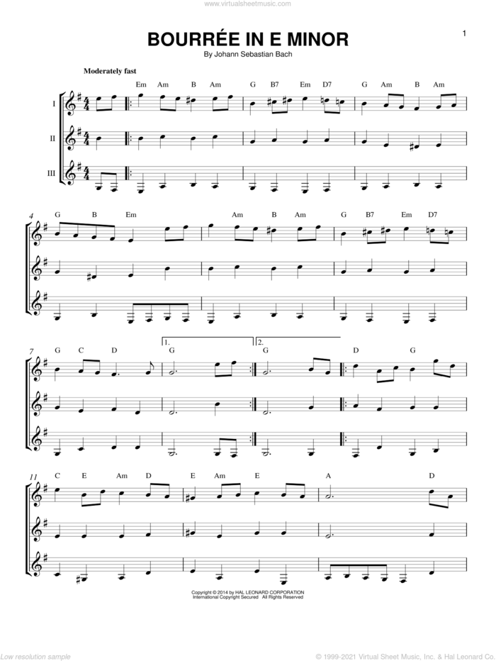 Bourree In E Minor sheet music for guitar ensemble by Johann Sebastian Bach, classical score, intermediate skill level