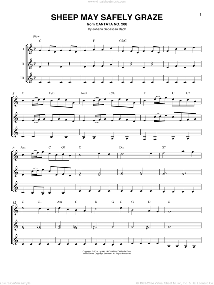 Sheep May Safely Graze sheet music for guitar ensemble by Johann Sebastian Bach, classical score, intermediate skill level