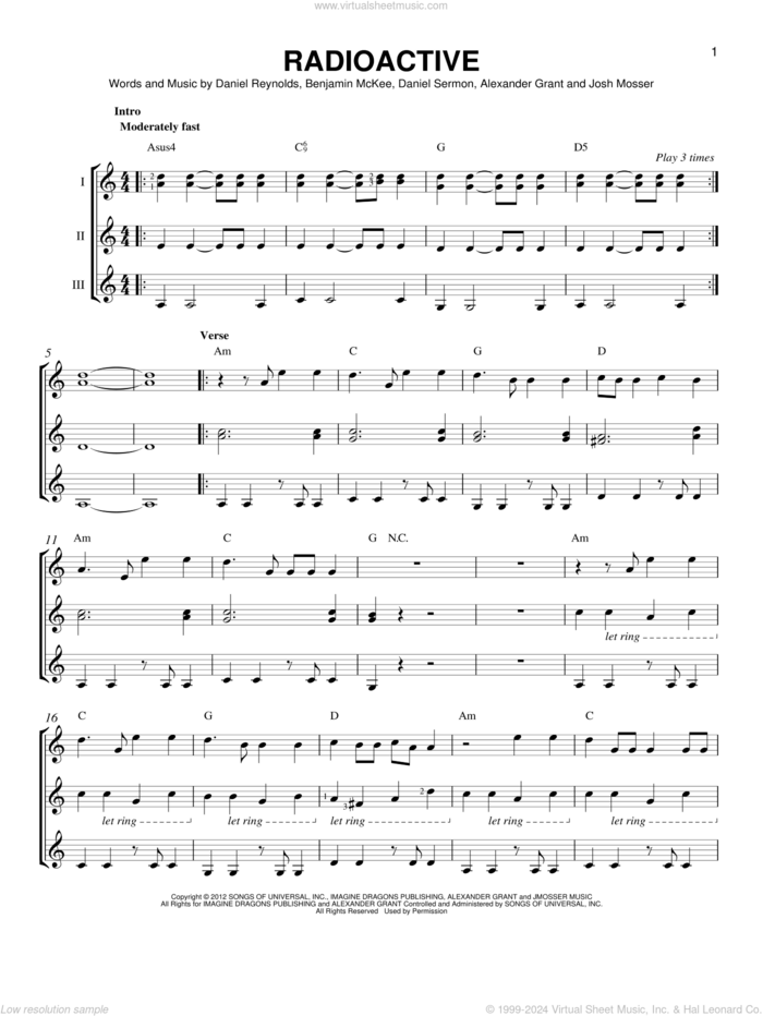 Radioactive sheet music for guitar ensemble by Imagine Dragons, Alexander Grant, Benjamin McKee, Daniel Reynolds, Daniel Sermon and Josh Mosser, intermediate skill level