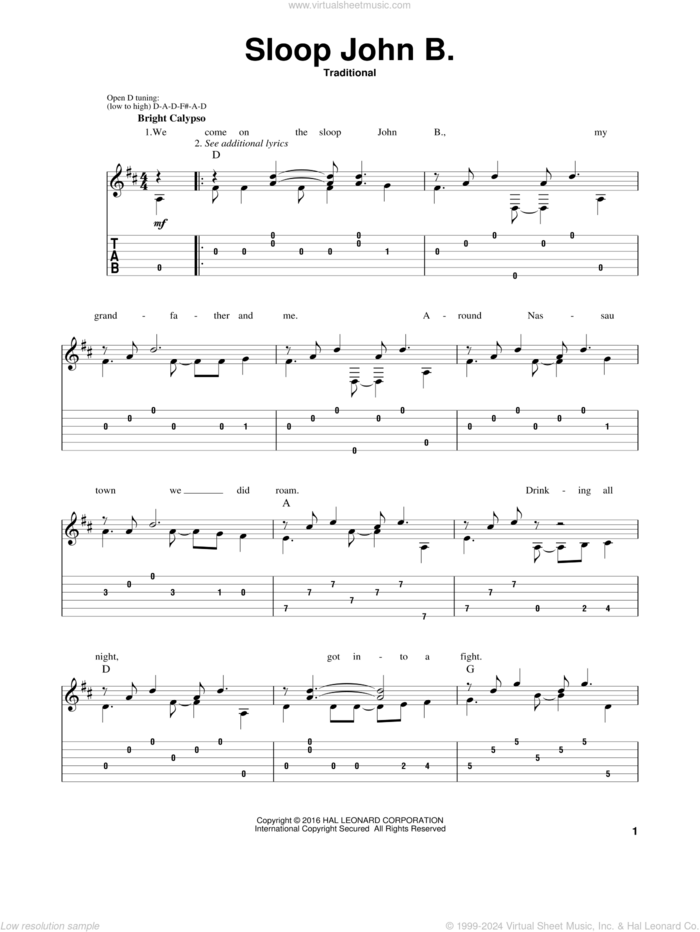 Sloop John B. sheet music for guitar solo, intermediate skill level