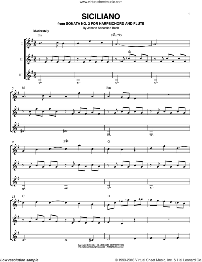 Siciliano sheet music for guitar ensemble by Johann Sebastian Bach, classical score, intermediate skill level
