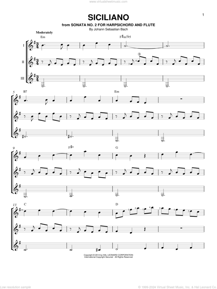 Siciliano sheet music for guitar ensemble by Johann Sebastian Bach, classical score, intermediate skill level