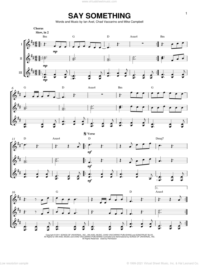 Say Something sheet music for guitar ensemble by A Great Big World, Chad Vaccarino, Ian Axel and Mike Campbell, intermediate skill level