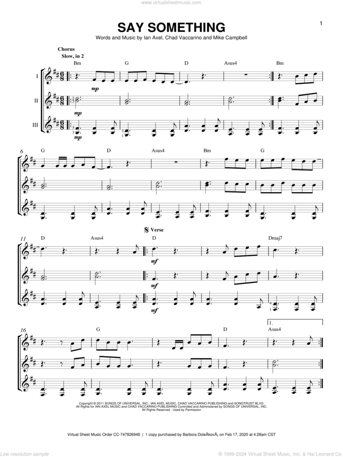 Say Something sheet music for guitar ensemble by A Great Big World, Chad Vaccarino, Ian Axel and Mike Campbell, intermediate skill level