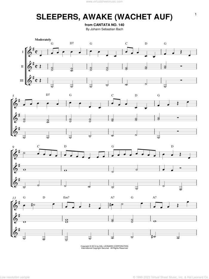 Sleepers, Awake (Wachet Auf) sheet music for guitar ensemble by Johann Sebastian Bach, classical score, intermediate skill level