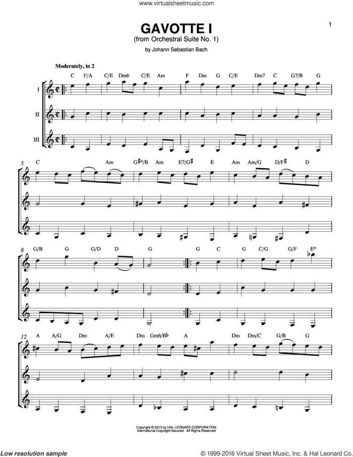 Gavotte 1 sheet music for guitar ensemble by Johann Sebastian Bach, classical score, intermediate skill level