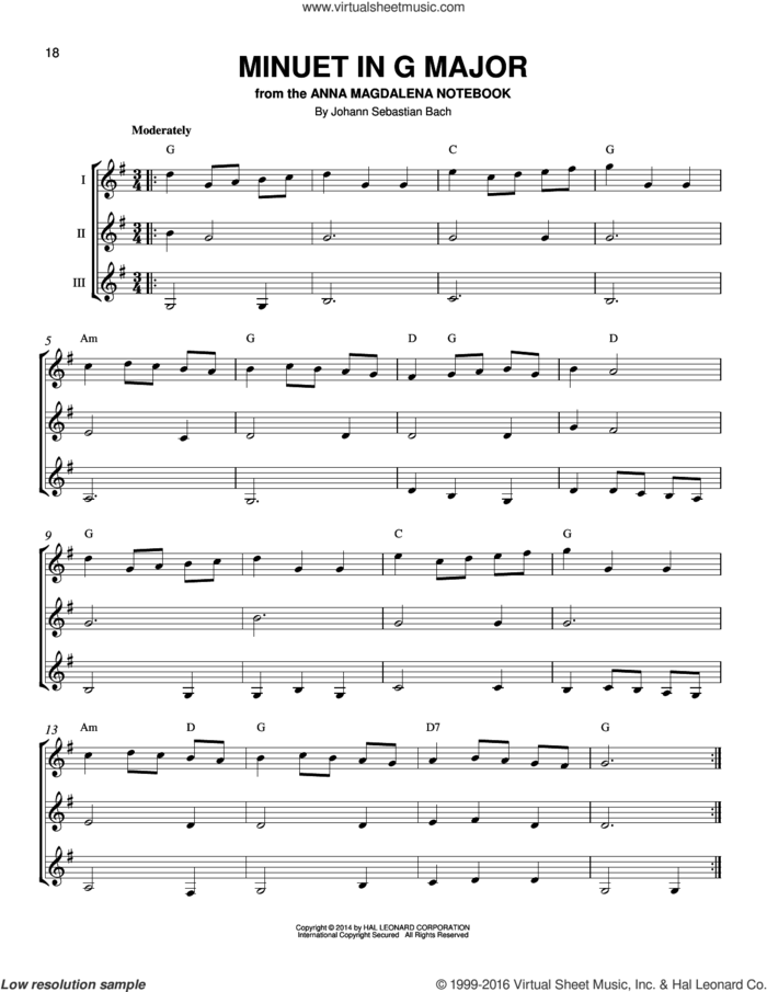 Minuet In G sheet music for guitar ensemble by Johann Sebastian Bach, classical score, intermediate skill level