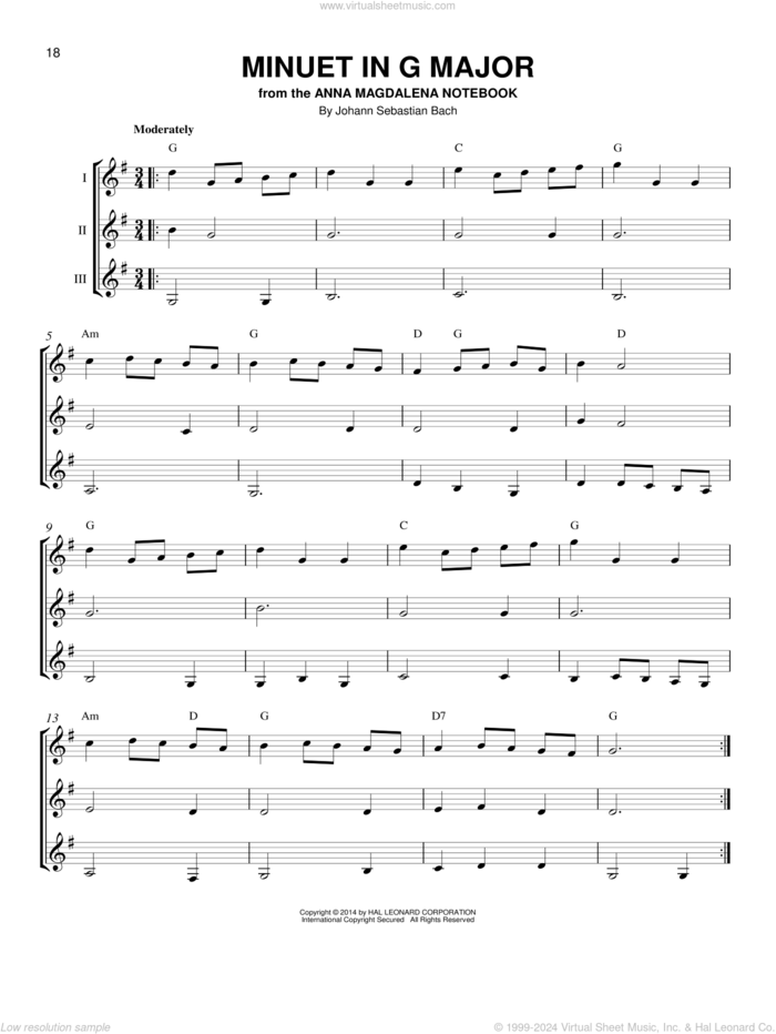 Minuet In G sheet music for guitar ensemble by Johann Sebastian Bach, classical score, intermediate skill level