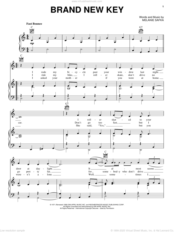 Brand New Key sheet music for voice, piano or guitar by Melanie and Melanie Safka, intermediate skill level