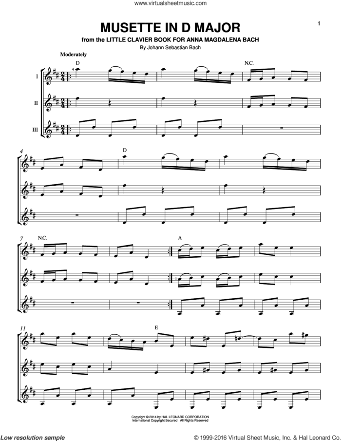 Musette in D Major sheet music for guitar ensemble by Johann Sebastian Bach, classical score, intermediate skill level