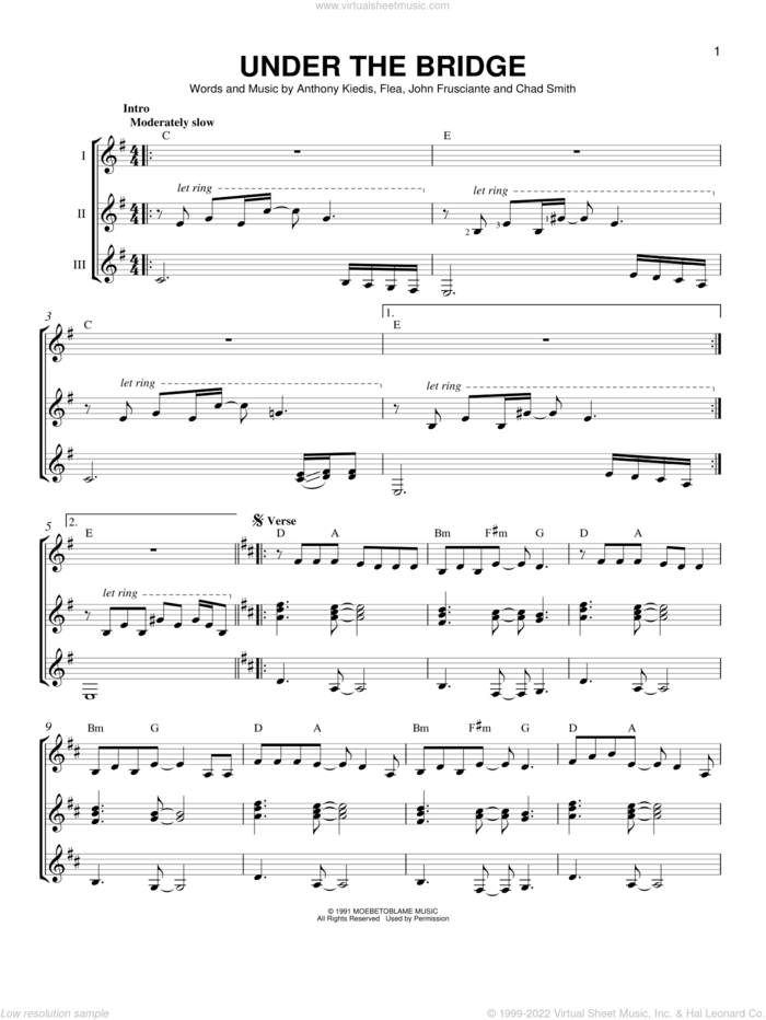 Under The Bridge sheet music for guitar ensemble by Red Hot Chili Peppers, Anthony Kiedis, Chad Smith, Flea and John Frusciante, intermediate skill level