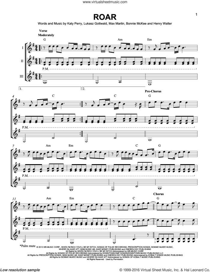 Roar sheet music for guitar ensemble by Katy Perry, Bonnie McKee, Henry Walter, Lukasz Gottwald and Max Martin, intermediate skill level