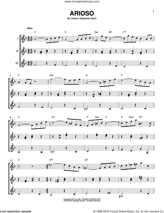Arioso sheet music for guitar ensemble by Johann Sebastian Bach, classical score, intermediate skill level