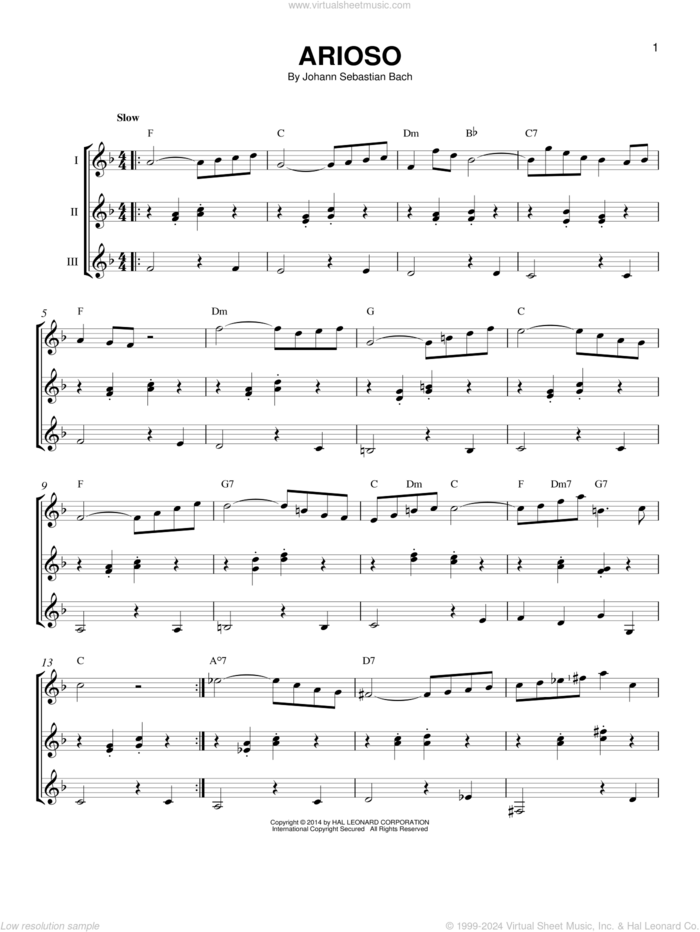 Arioso sheet music for guitar ensemble by Johann Sebastian Bach, classical score, intermediate skill level