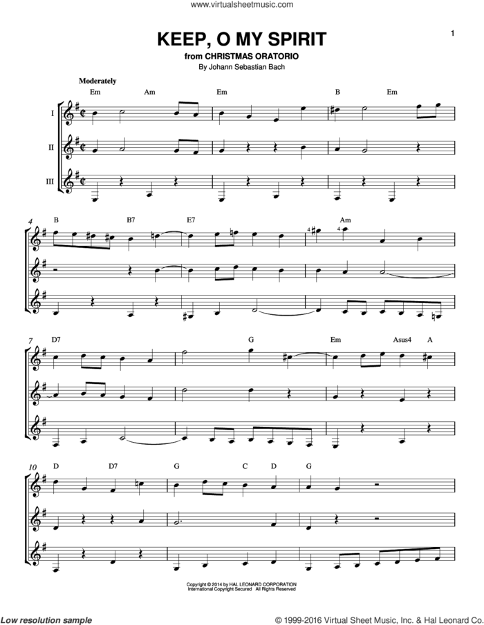 Keep, O My Spirit sheet music for guitar ensemble by Johann Sebastian Bach, classical score, intermediate skill level