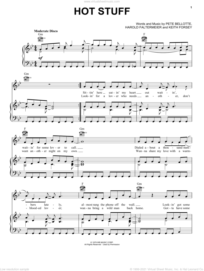 Hot Stuff sheet music for voice, piano or guitar by Donna Summer, Harold Faltermeyer, Keith Forsey and Pete Bellotte, intermediate skill level