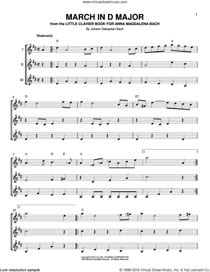 March In D Major sheet music for guitar ensemble by Johann Sebastian Bach, classical score, intermediate skill level