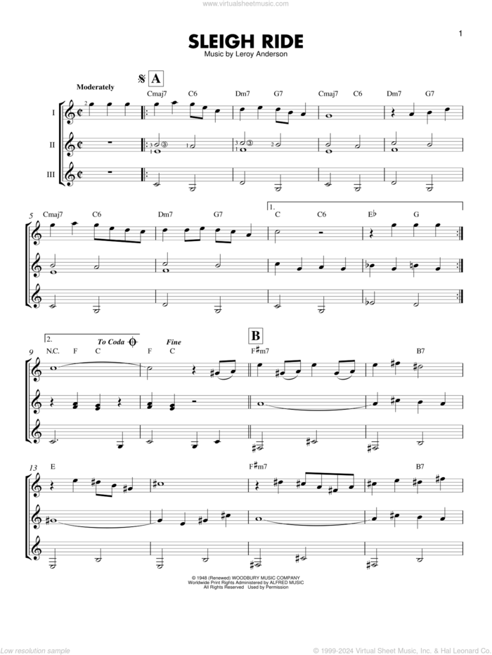 Sleigh Ride sheet music for guitar ensemble by Leroy Anderson and Mitchell Parish, intermediate skill level