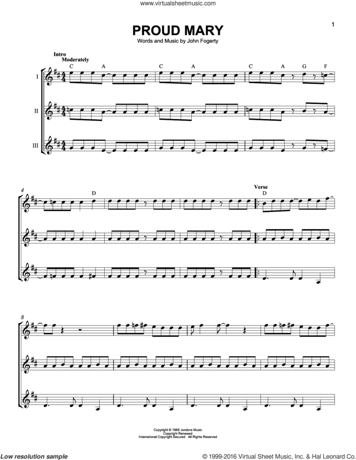 Proud Mary sheet music for guitar ensemble by Creedence Clearwater Revival, Ike & Tina Turner and John Fogerty, intermediate skill level