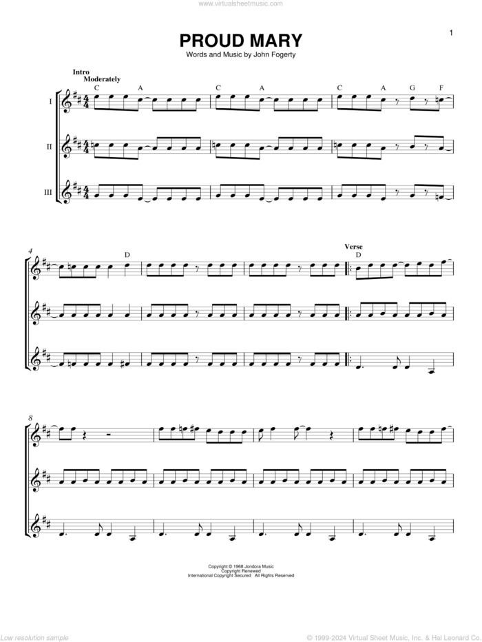 Proud Mary sheet music for guitar ensemble by Creedence Clearwater Revival, Ike & Tina Turner and John Fogerty, intermediate skill level