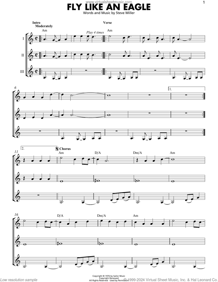 Fly Like An Eagle sheet music for guitar ensemble by Steve Miller Band and Manuel Seal, intermediate skill level