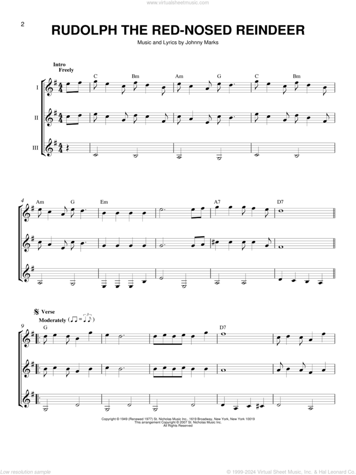 Rudolph The Red-Nosed Reindeer sheet music for guitar ensemble by Johnny Marks, J Arnold and John Denver, intermediate skill level