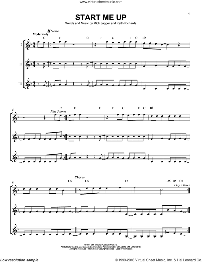 Start Me Up sheet music for guitar ensemble by The Rolling Stones, Keith Richards and Mick Jagger, intermediate skill level