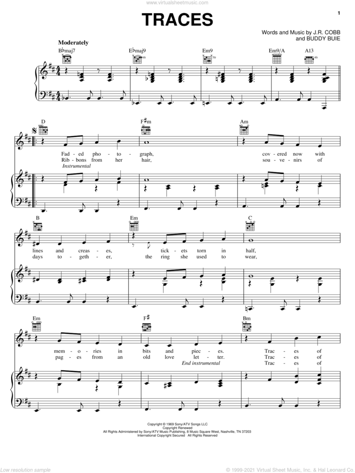 Traces sheet music for voice, piano or guitar by Classics IV, Buddy Buie and J.R. Cobb, intermediate skill level