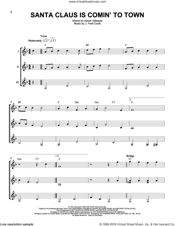 Santa Claus Is Comin' To Town sheet music for guitar ensemble by J. Fred Coots, J Arnold, Steve Tyrell and Haven Gillespie, intermediate skill level