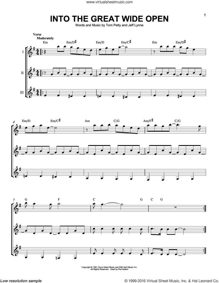 Into The Great Wide Open sheet music for guitar ensemble by Tom Petty and Jeff Lynne, intermediate skill level
