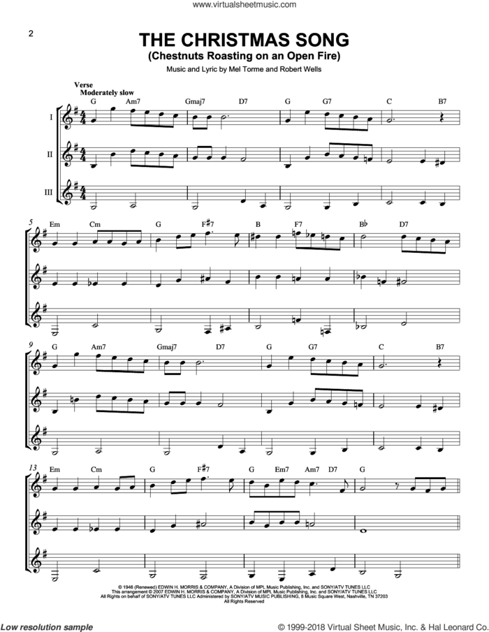 The Christmas Song (Chestnuts Roasting On An Open Fire) sheet music for guitar ensemble by J Arnold and Mel Torme, intermediate skill level