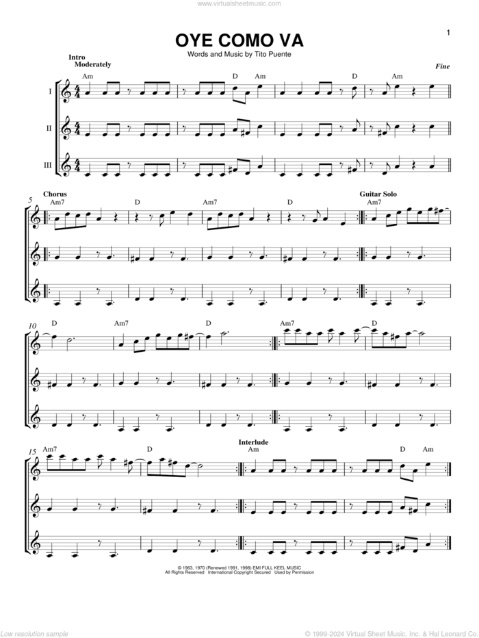 Oye Como Va sheet music for guitar ensemble by Tito Puente and Carlos Santana, intermediate skill level