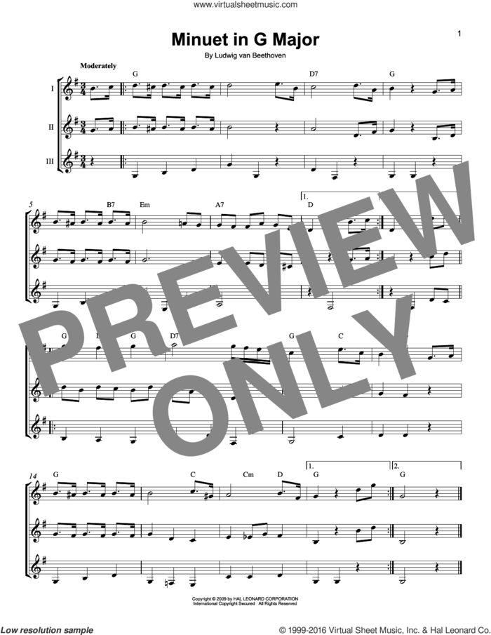 Minuet In G Major sheet music for guitar ensemble by Ludwig van Beethoven, classical score, intermediate skill level