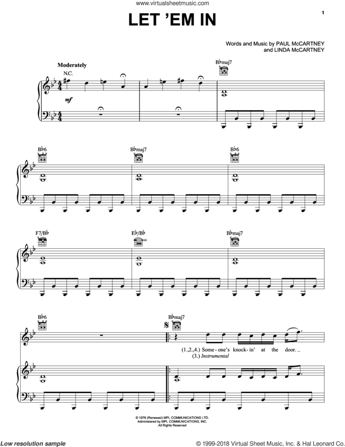 Let 'Em In sheet music for voice, piano or guitar by Paul McCartney, Paul McCartney and Wings and Linda McCartney, intermediate skill level