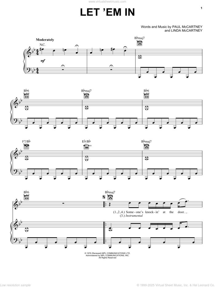 Let 'Em In sheet music for voice, piano or guitar by Paul McCartney, Paul McCartney and Wings and Linda McCartney, intermediate skill level